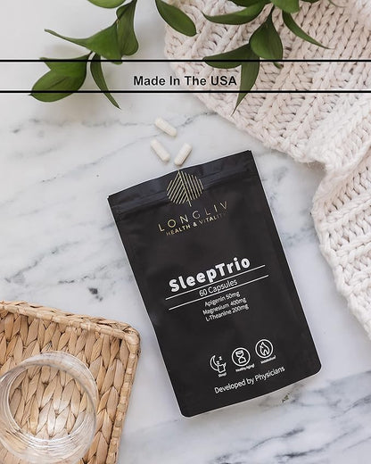 Sleep Trio - Made in USA Magnesium Apigenin L-Theanine Capsules – Premium 3-in-1 Cocktail for Sleep Management - Sleep Cocktail – Without Melatonin - 60 Capsules