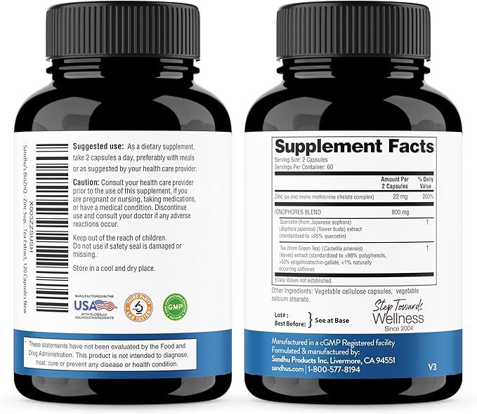 Sandhu's Zinc Supplement with Ionophores| Quercetin & Green Tea Extract for Superior Absorption and High Potency| 900mg Vegetarian Capsules 120 Days Supply| Immune Support for Men & Women