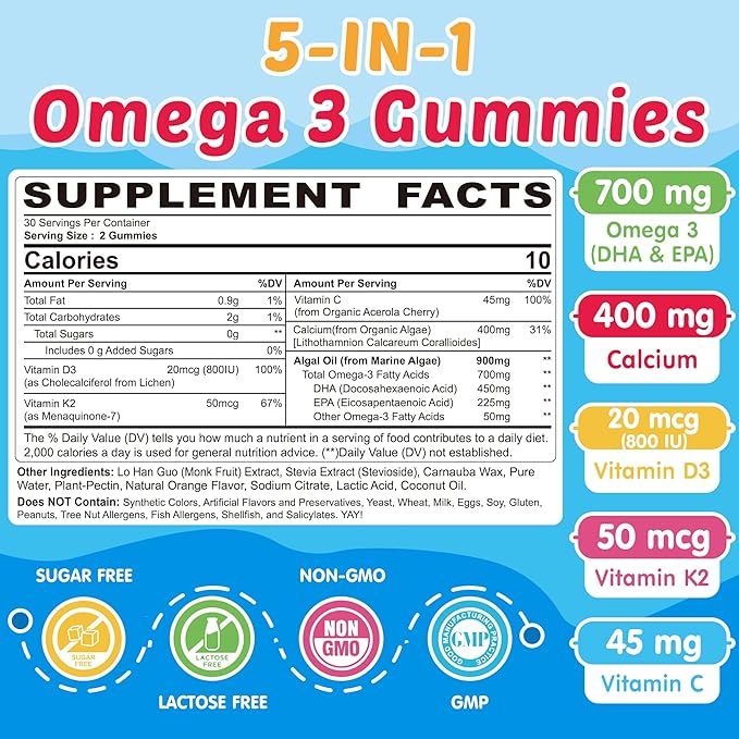 Kids Omega 3 Gummies with Calcium, Vitamin D3 & K2, C, Omega-3 DHA Gummies for Focus and Memory, Bone Health & Immune Support, Kids Omega3 Supplement - No Fish Taste, Non-GMO, Chewable, 2 Pack