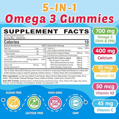 Kids Omega 3 Gummies with Calcium, Vitamin D3 & K2, C, Omega-3 DHA Gummies for Focus and Memory, Bone Health & Immune Support, Kids Omega3 Supplement - No Fish Taste, Non-GMO, Chewable, 2 Pack