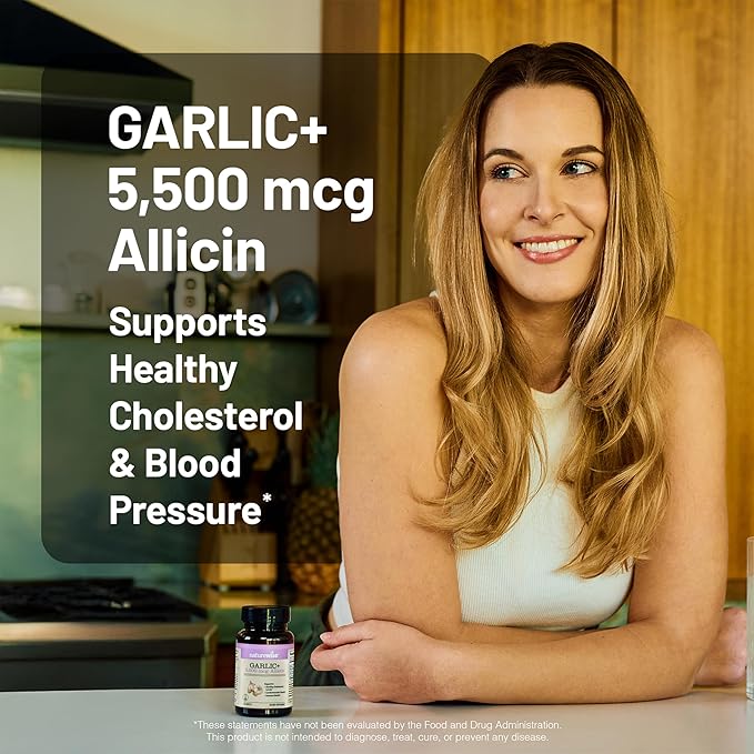 NatureWise Garlic Extract Supplement - Healthy Cholesterol & Blood Pressure Formula + B Vitamins, C, 5500mcg Allicin - Vegan Tablets w/Enteric Coating, Non-GMO, Gluten-Free, 60 Count [30-Day Supply]