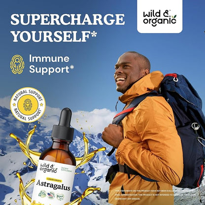 Wild & Organic Astragalus Tincture - Immune Support Drops w/Astragalus Root Extract - Herbal Supplement for Calmness & Relaxation - Vegan, Sugar & Alcohol Free - 2 fl oz