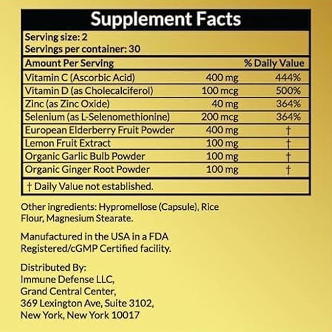 Immune Support Supplement - Natural & Organic Immune Boosters for Adults - Immunity Support with Vitamin C & Vitamin D, Garlic, Ginger, Lemon, Elderberry, Selenium & Zinc - 60 Capsules