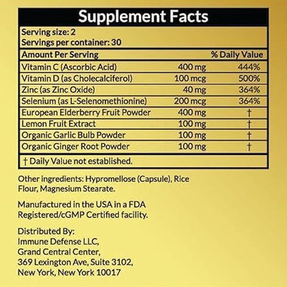 Immune Support Supplement - Natural & Organic Immune Boosters for Adults - Immunity Support with Vitamin C & Vitamin D, Garlic, Ginger, Lemon, Elderberry, Selenium & Zinc - 60 Capsules