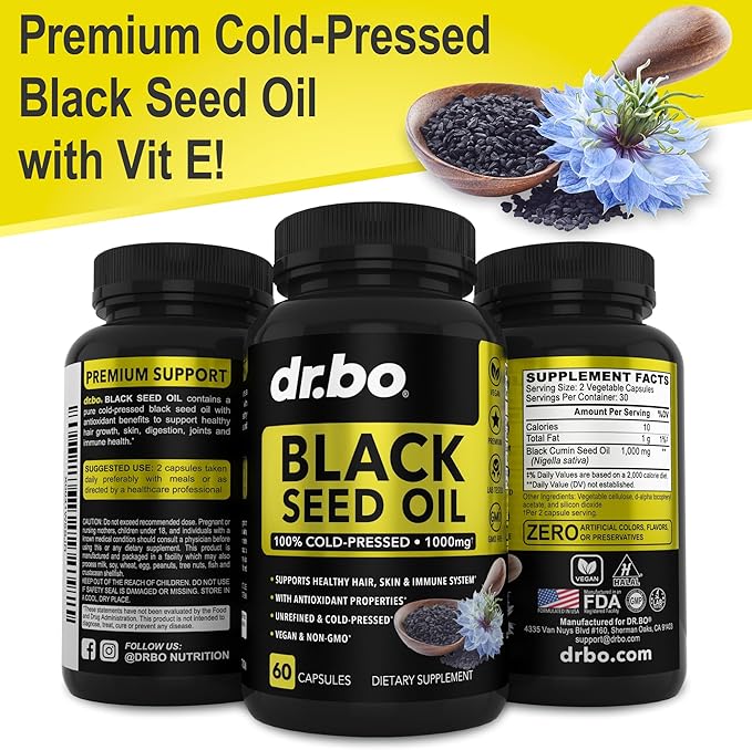 Black Seed Oil Capsules Vegan - Pure Cold Pressed Black Seed Oil Nigella Sativa Cumin for Skin & Hair Health, 500mg, 1000mg Per 2 Capsule Serving Blackseed Liquid Capsules Halal - 60 Softgels Pills