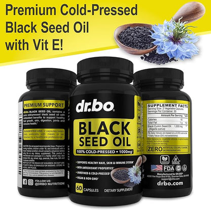 Black Seed Oil Capsules Vegan - Pure Cold Pressed Black Seed Oil Nigella Sativa Cumin for Skin & Hair Health, 500mg, 1000mg Per 2 Capsule Serving Blackseed Liquid Capsules Halal - 60 Softgels Pills