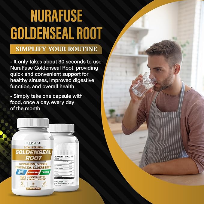 Goldenseal Root 8-in-1 Formula - with Cinnamon Ginger Echinacea Elderberry Black Pepper Vitamin D3 - Non-GMO, Gluten-Free, Soy-Free