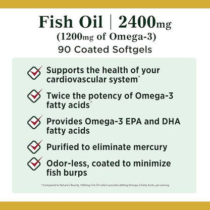 Nature's Bounty Fish Oil, Supports Heart Health, 2400mg, Coated Softgels, 90 Ct.