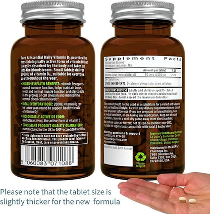 Igennus Daily Vitamin D3 2000iu, 50 mcg, Clean Label, 365 Small Tablets, 1-Year Supply, Vegetarian Cholecalciferol Vitamin D Supplement