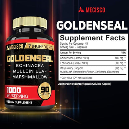 Goldenseal Root Capsule Organic with Echinacea, Mullein Leaf, Plantain & More - 90 Veggie Capsules - 7in1 Supports Immune System, Digestive Health, Smooth Breathing, and Body Management