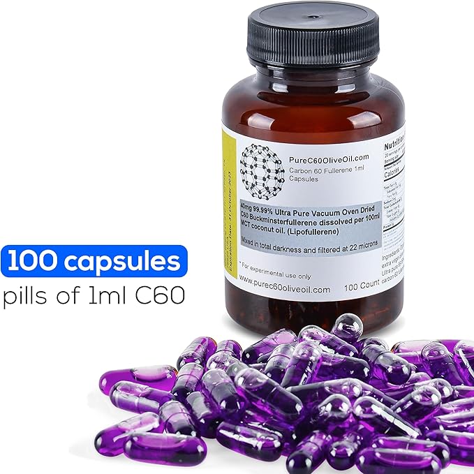 PureC60OliveOil C60 Organic MCT Coconut Oil Capsules Pills 100ml / 3.4 Fl Oz - 99.99% Carbon 60 Solvent Free 40mg - Food Grade - Carbon 60 MCT Coconut Oil - from The Leading Global Producer