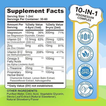 Kids Magnesium Liquid Drops - Liquid Magnesium Glycinate for Kids, Citrate Supplement with L-theanine, Omega-3, Vitamin B12, D3 for Sleep, Calm, Relaxation, Brain, Bones, Strawberry 2 Fl Oz