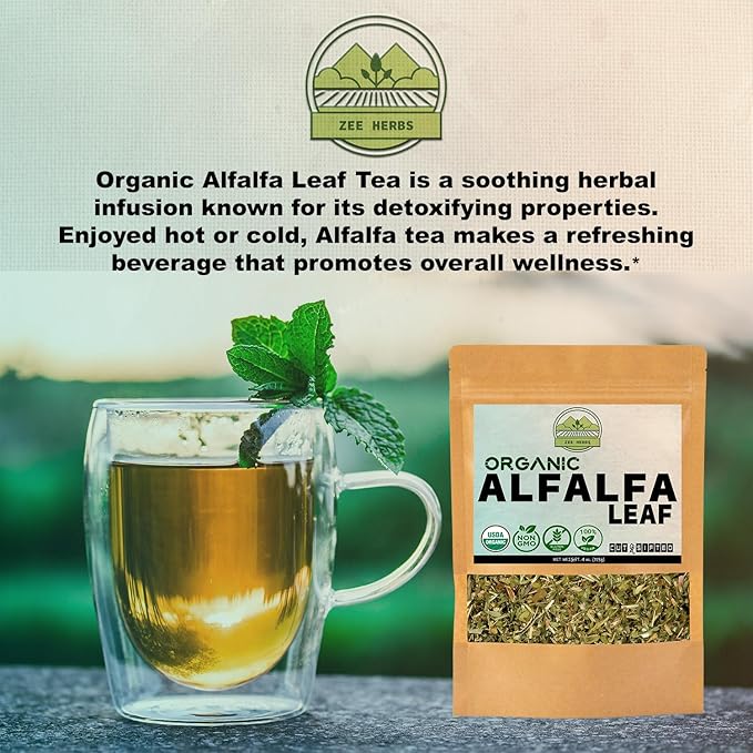 ZeeHERBS Organic Alfalfa Leaf 4 oz. (113g) Pack, USDA Certified Organic Alfalfa Leaf Herb Loose Leaf Tea, Premium Quality Medicago Sativa Herb, Cut & Sifted, Alfalfa Tea Leaves
