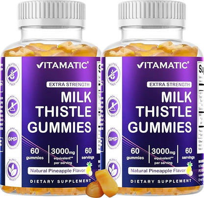 Vitamatic 2 Pack Milk Thistle Gummies- 10000 mg Equivalent Per Serving (from 50:1 Extract 200 mg)- Liver Detox & Anti Oxidant Health - Min. 80% Silymarin Flavonoids - 60 Pectin Based Gummies