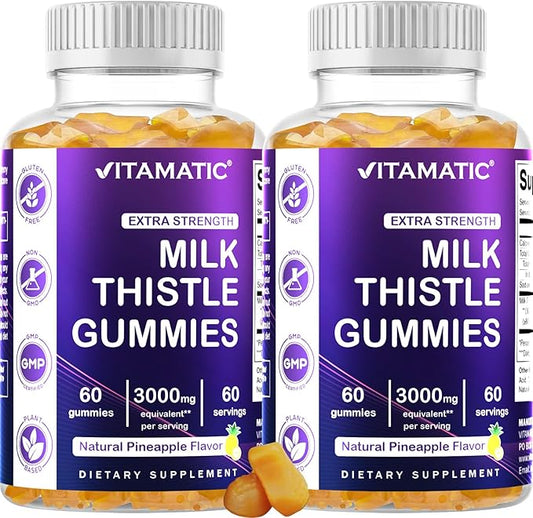 Vitamatic 2 Pack Milk Thistle Gummies- 10000 mg Equivalent Per Serving (from 50:1 Extract 200 mg)- Liver Detox & Anti Oxidant Health - Min. 80% Silymarin Flavonoids - 60 Pectin Based Gummies