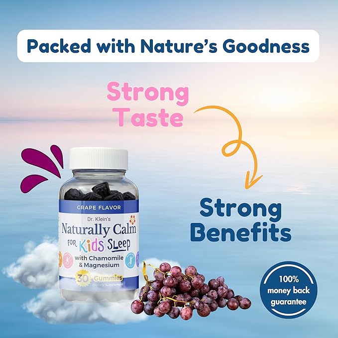 Dr. Klein's Naturally Calm Gummies for Kids - with Magnesium Glycinate, Linden & Vitamin A for Soothing Kids Ages 5+ - Vitamins to Aid Sleep - Chamomile Gummies - Calm Chews - Grape Sugar-Free 30ct