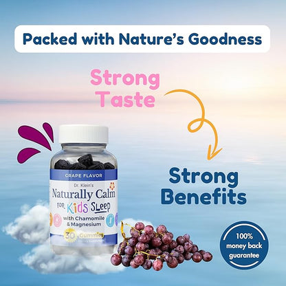 Dr. Klein's Naturally Calm Gummies for Kids - with Magnesium Glycinate, Linden & Vitamin A for Soothing Kids Ages 5+ - Vitamins to Aid Sleep - Chamomile Gummies - Calm Chews - Grape Sugar-Free 30ct