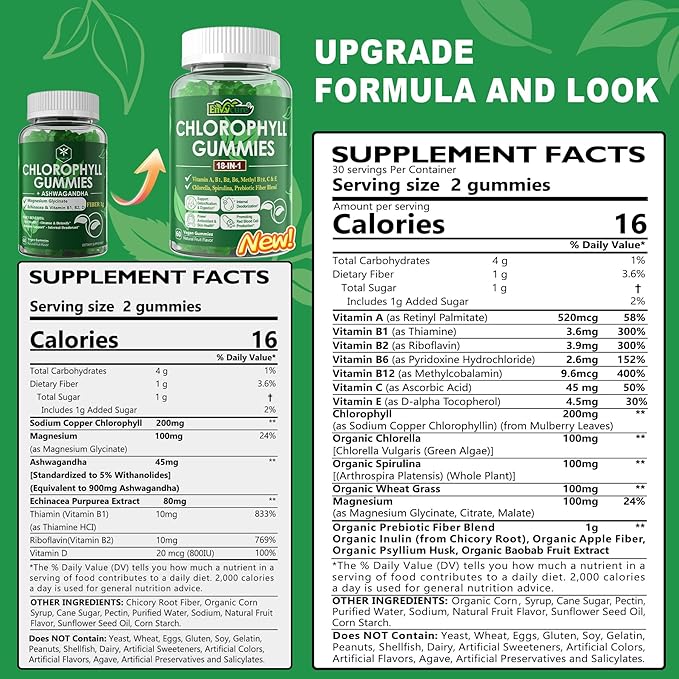 Chlorophyll Gummies, Super Green 18-IN-1 with Organic Chlorella Spirulina, Wheat Grass, Magnesium, Prebiotic Fiber for Internal Deodorant*,Comfort Digestion, Metabolism,Immune, Fresh Body Odor, 2Packs