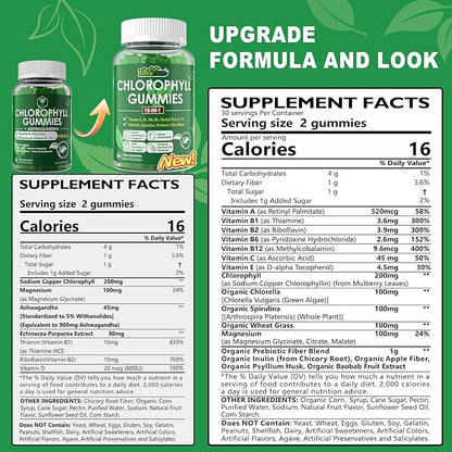 Chlorophyll Gummies, Super Green 18-IN-1 with Organic Chlorella Spirulina, Wheat Grass, Magnesium, Prebiotic Fiber for Internal Deodorant*,Comfort Digestion, Metabolism,Immune, Fresh Body Odor, 2Packs