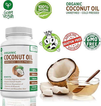 Organic Coconut Oil Capsules 2000mg - 100% Extra Virgin, Cold Pressed for Healthy Skin, Extra Hair Growth, Nail Care, Brain Booster - 120 Softgels - Unrefined Pure & Non GMO Pills - Rich in MCT