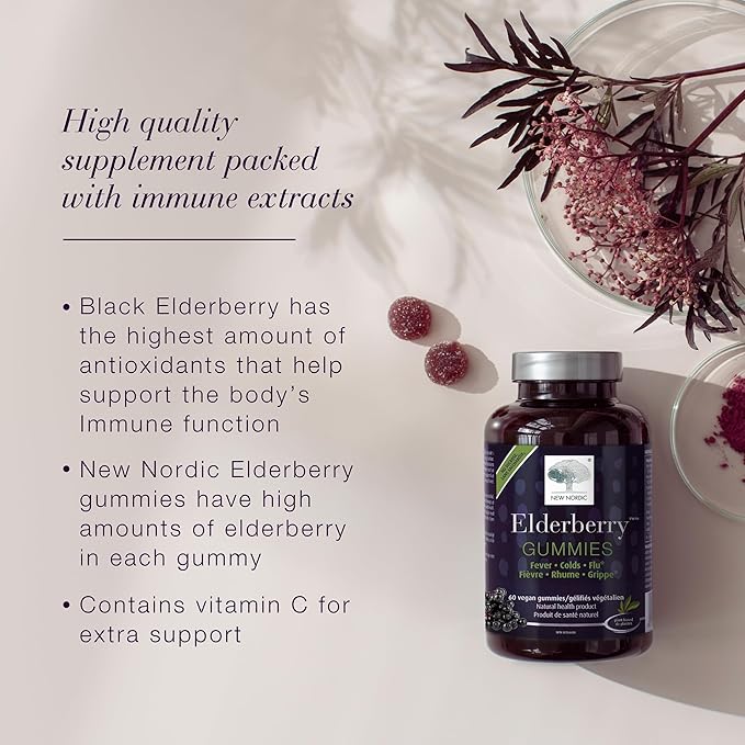 NEW NORDIC Elderberry Vegan Gummies, Sugar Free Chewable Immune Support with Vitamin C for Adults and Kids 4+, No Artificial Colors or Flavors, 60 Count (Pack of 1)