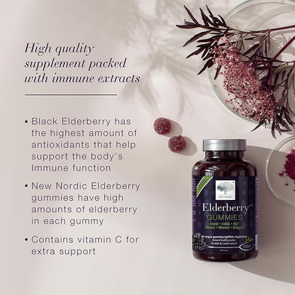 NEW NORDIC Elderberry Vegan Gummies, Sugar Free Chewable Immune Support with Vitamin C for Adults and Kids 4+, No Artificial Colors or Flavors, 60 Count (Pack of 1)
