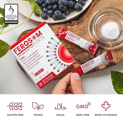 LCE Liposomal Iron – Supplement Powder Gentle on the Stomach – 21g Elemental Iron with Vitamin B12, B6, D, C, Folic Acid – Berry Flavor Powder or Liquid Iron Drink, 30 Vegan Iron Sachets