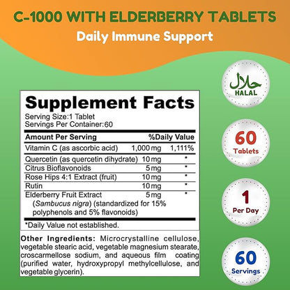 Halal Vitamin C-1000mg Tablets, 60 Days Supply. Immune Support Supplement with Vitamin C, Elderberry, Quercetin, Rose HIPS & Rutin. Vegetarian, Non-GMO, Sugar Free & Keto Friendly
