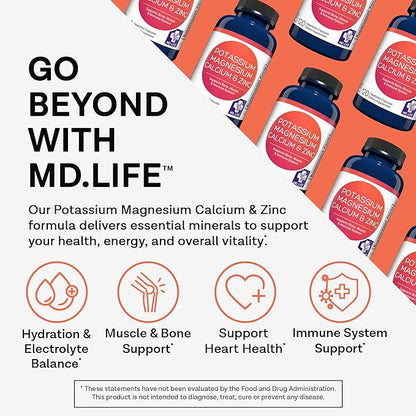 MD. Life Potassium Magnesium Zinc Calcium Supplement – Supports Bone Health & Muscle Health – Promotes Calcium Absorption and Immune Function – Magnesium Potassium Zinc Aspartate - 120 Capsules