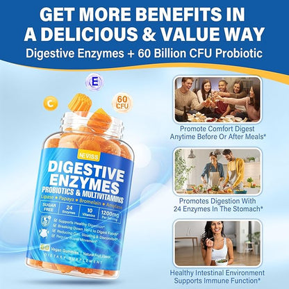 Digestive Enzymes with Probiotic Gummies, Multivitamins, Calcium, Magnesium - All 24 Essential Chewable Multi Enzymes - Papaya, Lipase, Amylase, Bromelain - Breaking Down Carbs, Proteins, Fats, 2Packs
