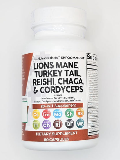 Clean Nutraceuticals Lions Mane 20in1 Mushroom Supplement with Turkey Tail Reishi Cordyceps Chaga Maitake Meshima Poria Cocos Shiitake Oyster Porcini Enoki - 3Pack