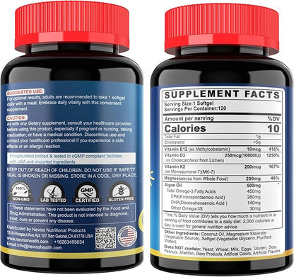 Vitamin D3 K2 -Vitamin D3 10000iu & K2 (Mk-7) 200mcg, Magnesium, Omega 3, Methyl B12, MCT Oil for Optimal Absorption, D3K2 Vitamin & Magnesium Supplement for Bone, Muscle, Immune Health, 240 Softgels
