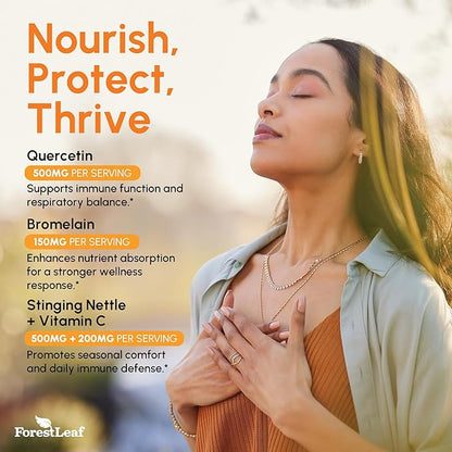 ForestLeaf Quercetin with Bromelain 1350mg - Blend with Vitamin C & Stinging Nettle Supplement, Quercetin 500mg Capsules, Non-GMO Gluten Free, Natural Immune & Respiratory Function, 90 Veggie Caps