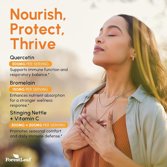 ForestLeaf Quercetin with Bromelain 1350mg - Blend with Vitamin C & Stinging Nettle Supplement, Quercetin 500mg Capsules, Non-GMO Gluten Free, Natural Immune & Respiratory Function, 90 Veggie Caps