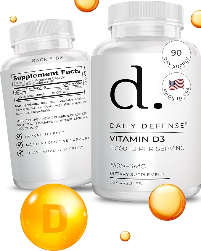 Immune Defense Supplements Vitamin D3 5000 IU for Heart Health, Daily Immune Support, Mental Clarity, & Muscle Function - 90 Vitamin D Supplements