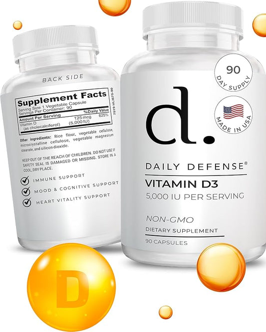 Immune Defense Supplements Vitamin D3 5000 IU for Heart Health, Daily Immune Support, Mental Clarity, & Muscle Function - 90 Vitamin D Supplements