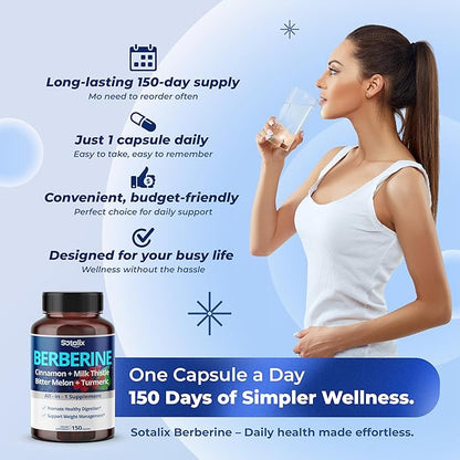 Premium Berberine Supplement with Ceylon Cinnamon, Bitter Melon, Milk Thistle - 150 Day Supply (150 Count (Pack of 1))