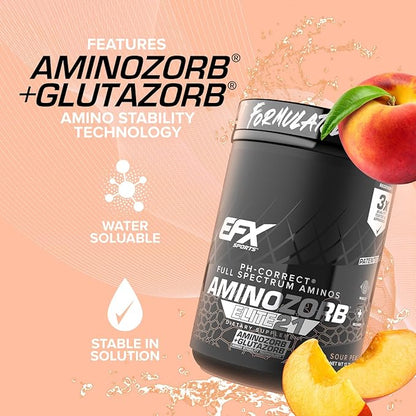 EFX Sports Aminozorb Elite 21 | PH-Correct, Full Spectrum Aminos + Glutamine | Essential & Non Essential Aminos | Zero Sugars | 30 Servings (Sour Peach)