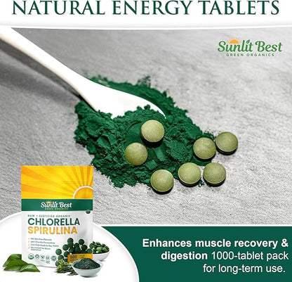 Sunlit Best Chlorella Spirulina Tablets - Organic USDA, Premium Spirulinas and Chlorella Capsules 500 Pills - Chlorellas Natural Superfood with Spirulina Algae, Enzymes Chlorophyll & Vegan Protein