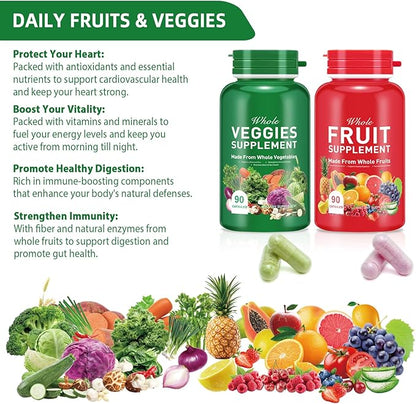 Fruits and Vegetables Supplements,Fruit and Veggies Supplement -90 Fruit & 90 Vegetables High Fiber Supplement for Immunity, Gut & Energy, Superfood Formula, Vegan