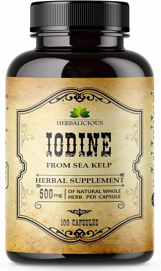 Natural Iodine Extract 100 Capsules - Sea Kelp - for Thyroid Function Support, Digestion, Helps Support Bone and Brain Health, Helps Support Energy Levels, Non GMO, Soy Free, Gluten Free