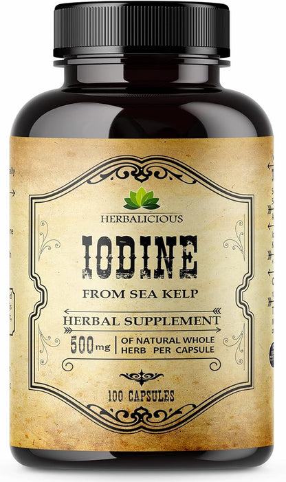 Natural Iodine Extract 100 Capsules - Sea Kelp - for Thyroid Function Support, Digestion, Helps Support Bone and Brain Health, Helps Support Energy Levels, Non GMO, Soy Free, Gluten Free