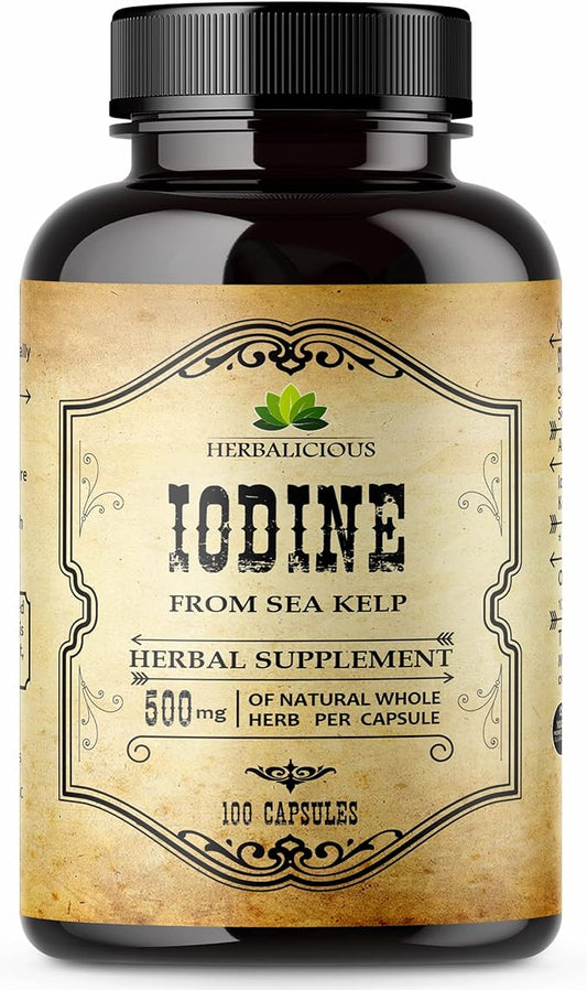 Natural Iodine Extract 100 Capsules - Sea Kelp - for Thyroid Function Support, Digestion, Helps Support Bone and Brain Health, Helps Support Energy Levels, Non GMO, Soy Free, Gluten Free