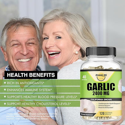 Garlic Capsules 2400mg - Made with Organic Garlic Bulbs, California US Grown - Natural Immune Support Supplement 40 Day Supply