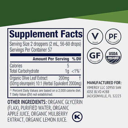 Vimergy Olive Leaf – Supports Immune Health* – Benefits Cardiovascular Function* – USDA Certified Organic, Vegan, Paleo-Friendly and Gluten-Free – 115 mL (57 Servings)