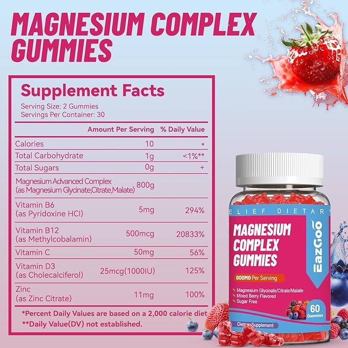Magnesium Gummies 800mg - Vitamin D3, C, B6, B12 & Zinc Complex with Magnesium Glycinate, Citrate & Malate, Magnesium Complex Gummies for Muscle, Mood & Energy, Vegan 60 Counts