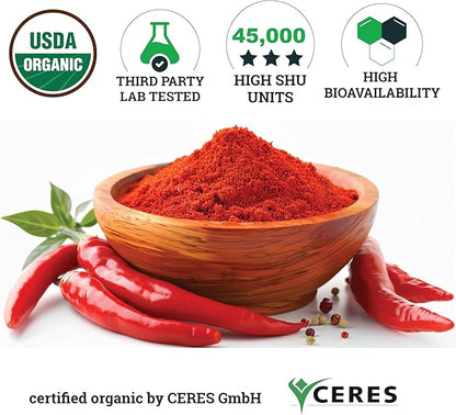 INCAS 100% USDA Organic Cayenne Pepper 120 Capsules (500mg) 45,000 SHU Traditional Digestion & Circulation Support Pure, No Additives & Fillers | 120 Servings