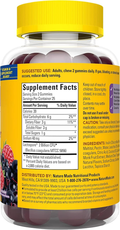 Nature Made Probiotic + Prebiotic Fiber Gummies, Gut Health, Fiber Supplement and Probiotics for Digestive Health, 50 Gummies, 25 Day Supply