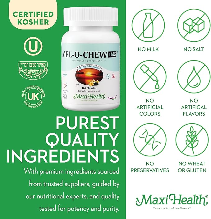 Maxi Health Chewable Melatonin, Kosher Berry Flavor, 1mg Melatonin for Adults or Teens, Natural Aid for Adults, Melatonin Chewables Alternative to Melatonin Gummies Higher 1 mg Dose (100 Count)