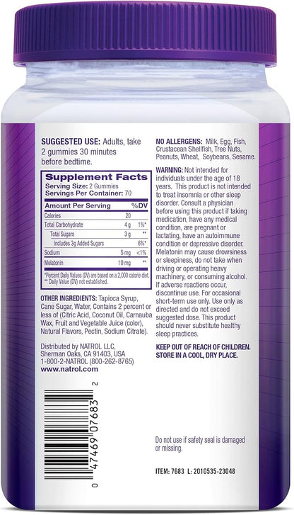 Natrol Melatonin Gummies, Sleep Support for Adults, Melatonin 10 mg, 140 Strawberry-Flavored, Up to 70 Days